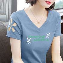 2022 summer cotton t-shirt womens Korean version white loose large size short-sleeved hollow print mother t-shirt women