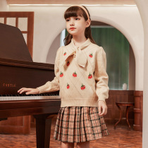 Brand girl Korean autumn strawberry embroidery middle child sweater sweater knitwear pullover dress set