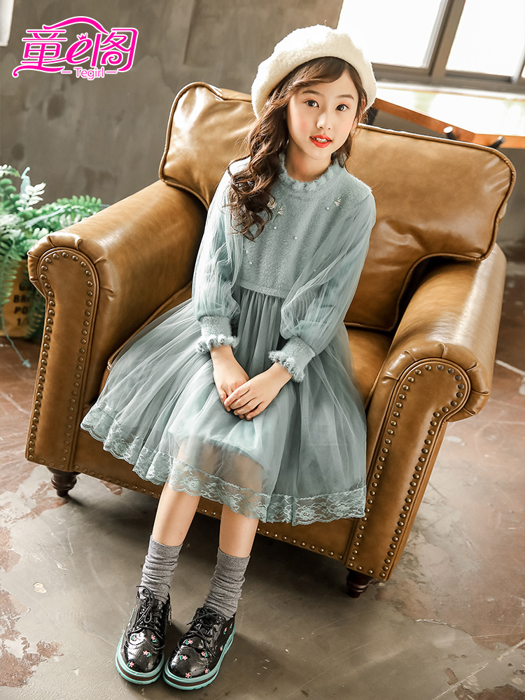 Girls ' long-sleeved dress Autumn and winter sweater stitching skirt Autumn children's clothing Lady children's long-sleeved children's mesh skirt