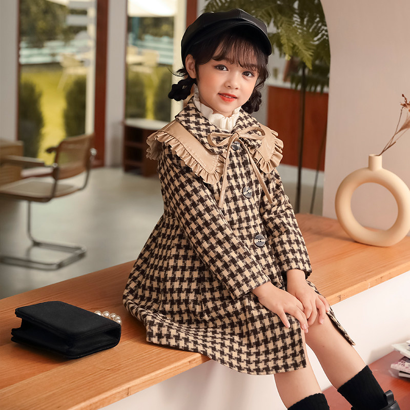 Girl Classic Plaid Fur Coats Single Row Buttoned Blouses Jacket Autumn Winter Clothing CUHK Long Version Of The Children's Great Coat Thickness