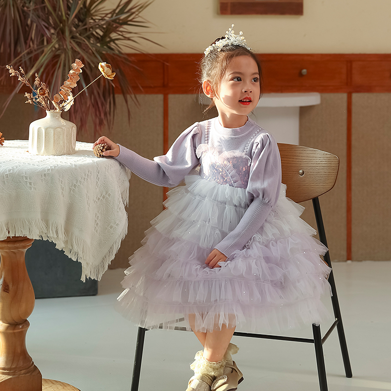 Girl Knit Mesh Dress Princess Wind Cake Dress 2022 Autumn Winter Clothing Children's Bubble Sleeve Sweater Fake two-piece dress