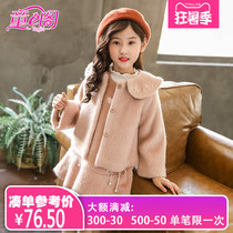Girls wool coat Autumn and winter new embroidered round neck wool coat Korean version thickened childrens short coat
