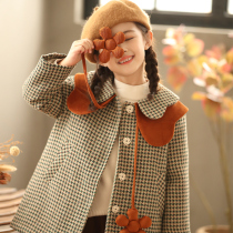 Girls Houndstooth Woolen Coat Childrens Thickened Padded 2023 Autumn and Winter Large Childrens Korean Style Jacket Mid-Length