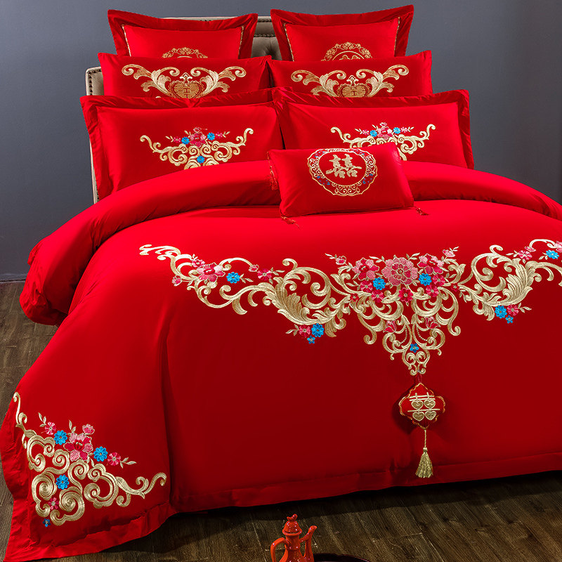 Newlywed big bed sheet cotton four-piece big red embroidered flower wedding bedding sixty or eighty satin set