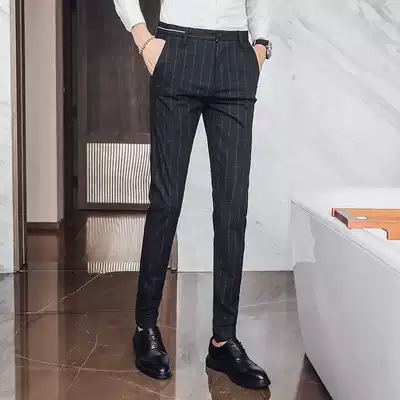 European station autumn new non-ironing Plaid casual trousers men Korean version of slim pipe pants English Plaid small trousers