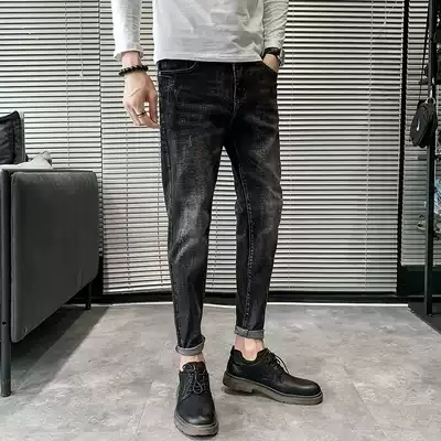 Hong Kong Tide brand high-end casual washed jeans men Korean slim trousers cat beard hole black narrow tube leggings