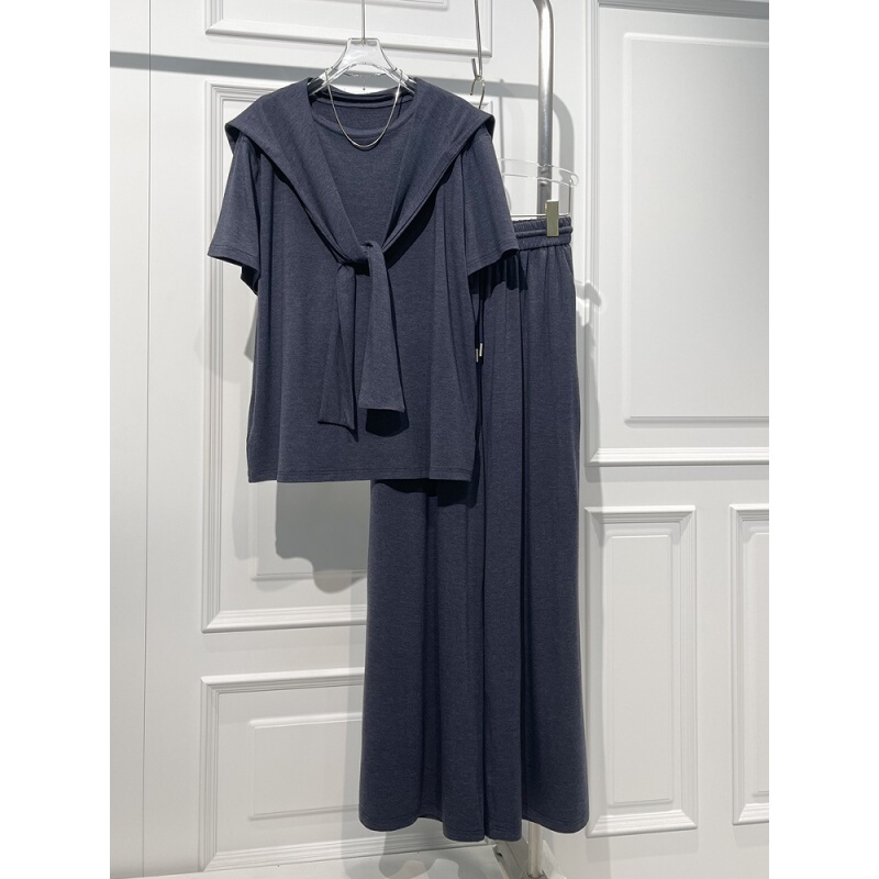 Plus Size 150kg Casual Style Short-Sleeved Sweatshirt with Shawl and High-Waisted Long Pants for Women, New Spring/Summer Slimming Set