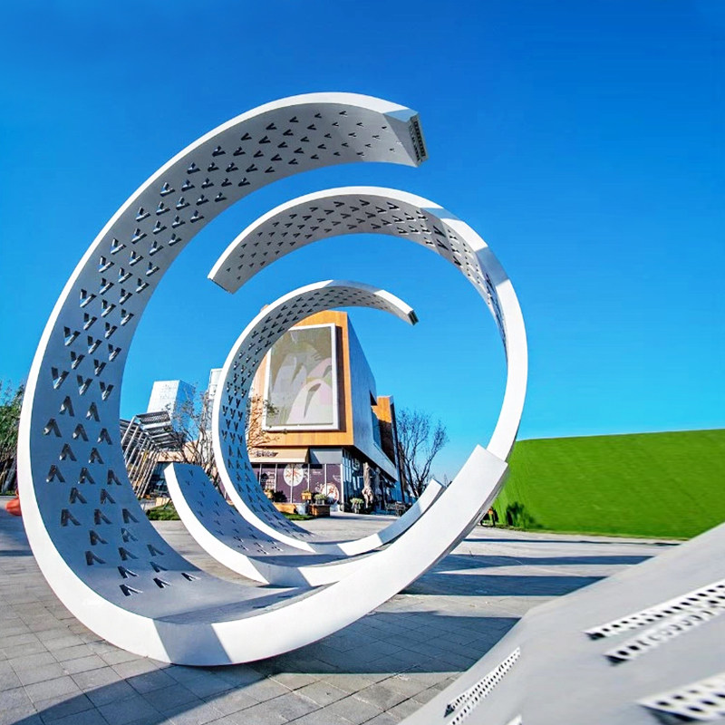 Wuhan manufacturer customized stainless steel cirque sculpture large mirror white steel hollowed-out luminous moon metal landscape