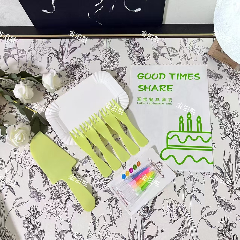 Disposable Cake Tableware Set Knife and Fork Plate Wax Combination Thickeneded Wavy Fork Colorfulful Birthday Paper Plate Classy Baking