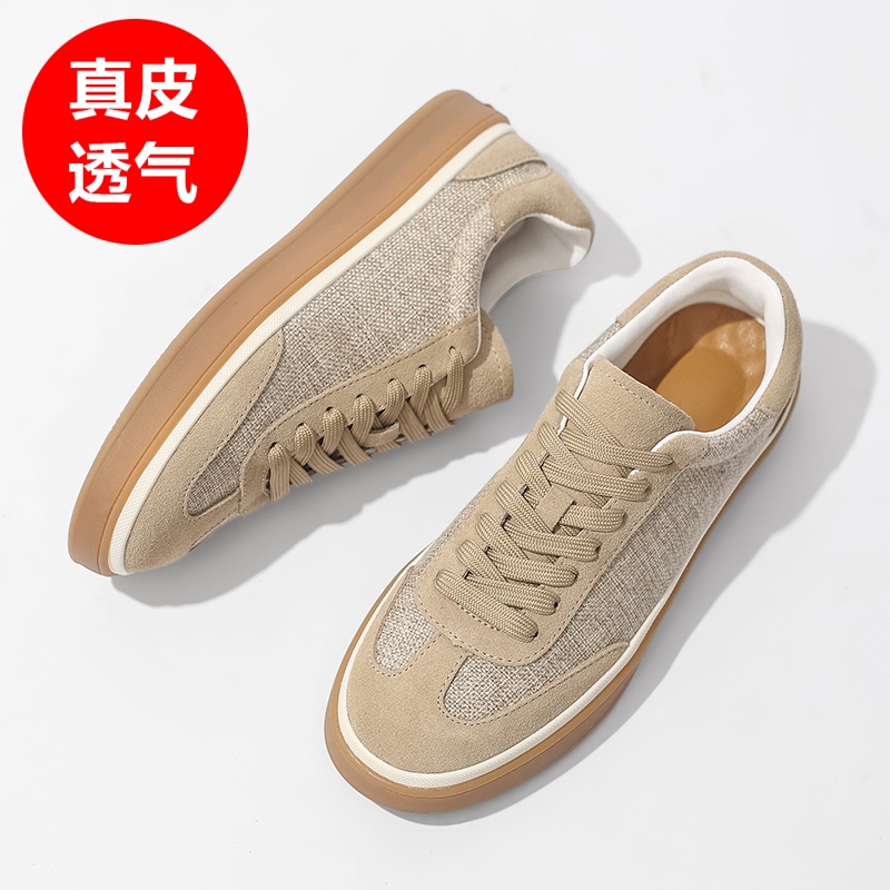 Summer Genuine Leather and Linen Breathable Sneakers for Men, Old Money Style, British Versatile Casual Sports Shoes, Comfortable Lp Training Shoes