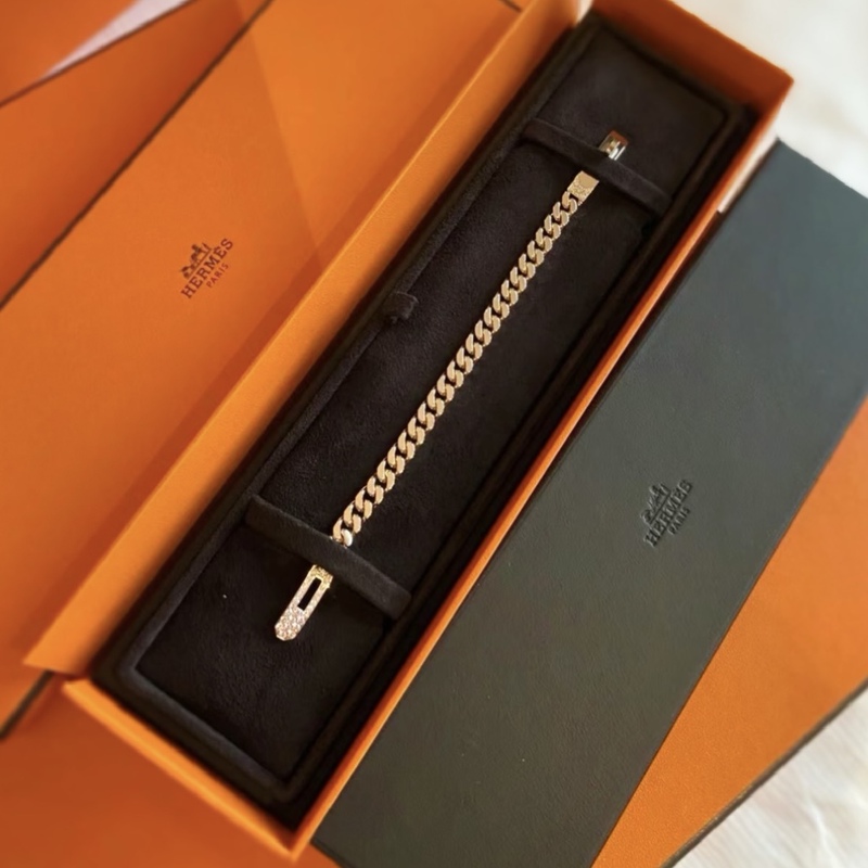 Hermes Kelly Gourmette Full Diamond Cuban Chain Bracelet K Gold 18K Rose Gold for Women