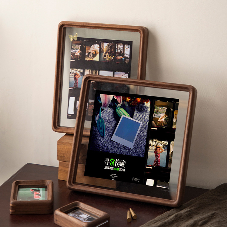 Solid Wood Double-Sided Transparent Glass Photo Frame for Framing Records and Signatures, Black Walnut Mortise and Tenon Rounded Corner Photo Frame Small Display Stand