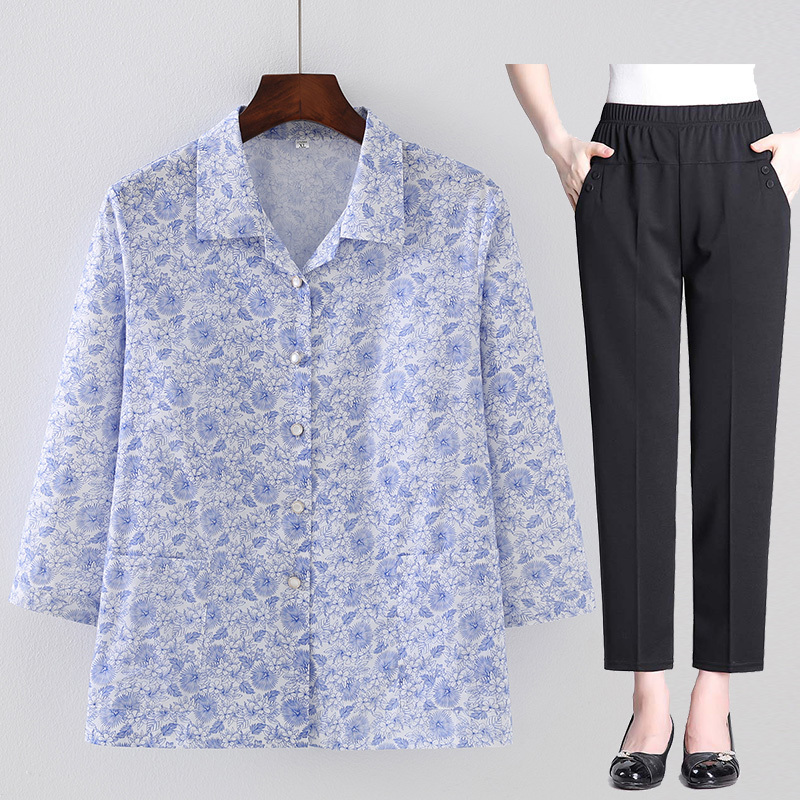 Middle-Aged and Elderly Women's Summer Pure Cotton Floral Tops, Old Lady's Mid-Sleeve Cotton Shirts, Mother's Summer Suit Middle-Aged and Elderly Women's Summer Pure Cotton Floral Tops, Old Lady's Mid-Sleeve Cotton Shirts, Mother's Summer Suit