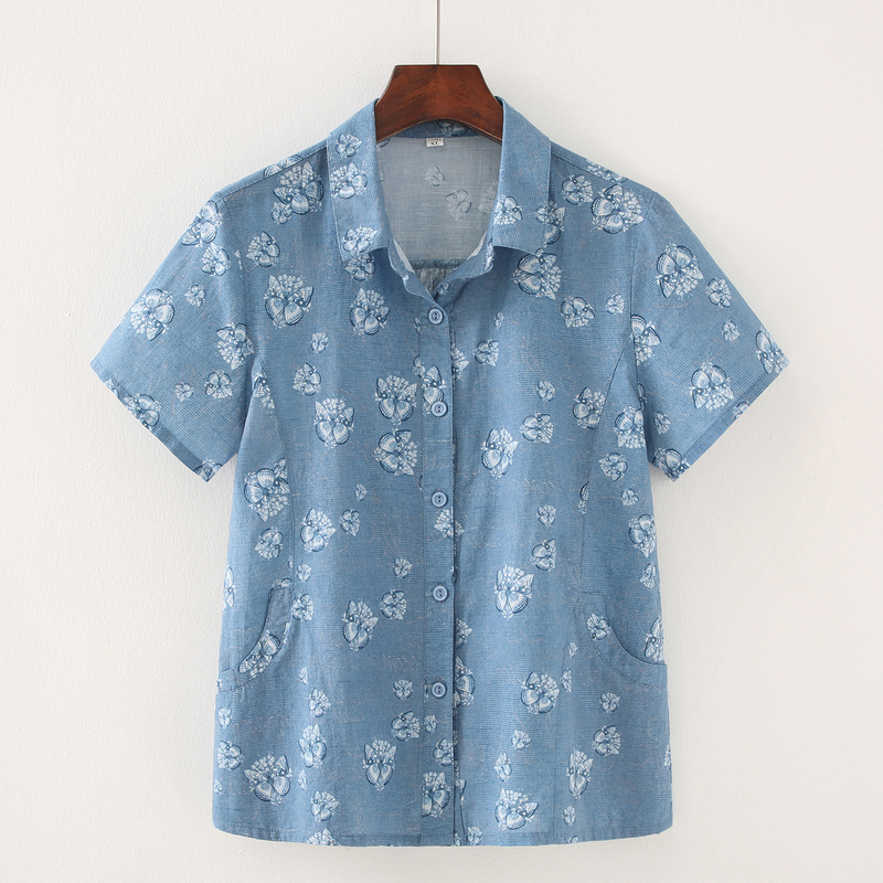 Mother's Summer Pure Cotton Short-Sleeved Shirt, Stylish Clothing for Elderly Women, Grandma Pocket Shirt, Middle-Aged and Elderly Women's Clothing