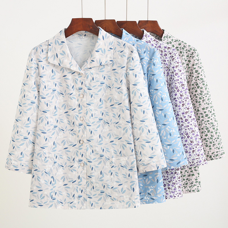 Middle-Aged and Elderly Women's Pure Cotton Shirts, Grandma's Three-Quarter Sleeve Cotton Clothes, Summer Mother-In-Law Tops, Mother's Collared Shirts
