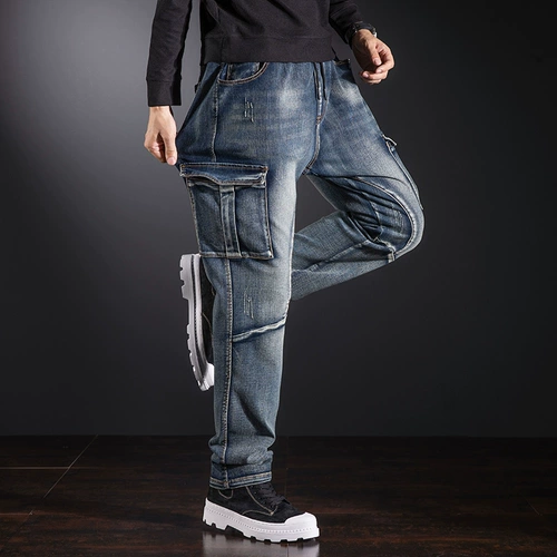 Эластичные джинсы, штаны, эластичная талия, на шнурках, свободный прямой крой