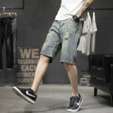 Большой эластичный прилив бренд пронзительный джинсовый шорты мужская личность -это старый измельчение желтого нищего соскребает пять конных брюк, толстые, тонкие