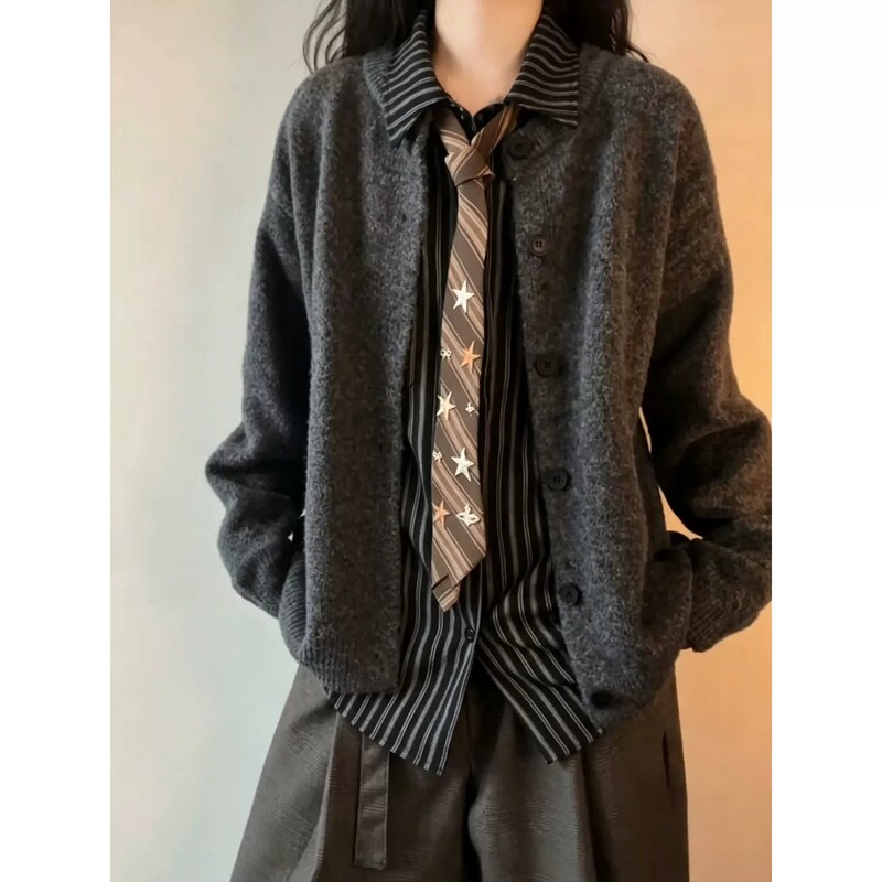 Dark Gray Retro Button-Down Cardigan Sweater for Men, Autumn Lazy and Relaxed Style Knit Jacket, High-Intelligence Fashion Top
