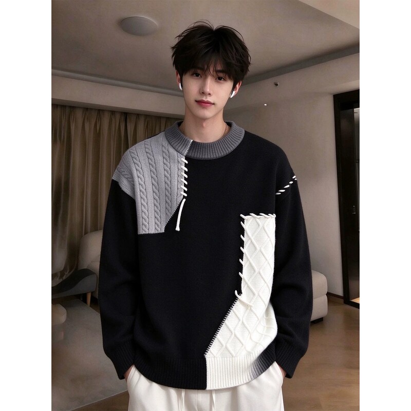 Cleanfit Black Heavyweight Crew Neck Knitwear for Men, Autumn Color-Blocking High-End Sweater with a Youthful Feel Cleanfit Black Heavyweight Crew Neck Knitwear for Men, Autumn Color-Blocking High-End Sweater with a Youthful Feel