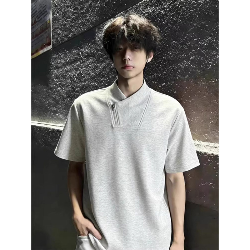 Gray American-Style Diagonal Zipper Stand-Up Collar T-Shirt for Men, Summer Design, Niche Boxy Short-Sleeve, Regular Shoulder, Cool Half-Sleeve