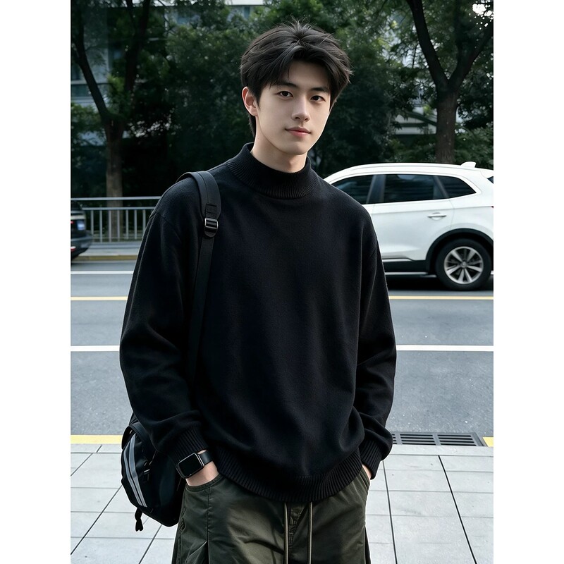 Black Half-Turtleneck Sweater for Men, Soft and Stylish for Autumn and Winter, Suitable as a Base Layer, with a Sophisticated and High-End Feel, Plus-Size Knitwear Black Half-Turtleneck Sweater for Men, Soft and Stylish for Autumn and Winter, Suitable as a Base Layer, with a Sophisticated and High-End Feel, Plus-Size Knitwear