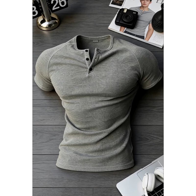 Gray American-Style Henry Collar Short-Sleeve Men's Summer Slim-Fit Stretch Quick-Dry Fitness T-Shirt That Enhances Muscle Definition Gray American-Style Henry Collar Short-Sleeve Men's Summer Slim-Fit Stretch Quick-Dry Fitness T-Shirt That Enhances Muscle Definition