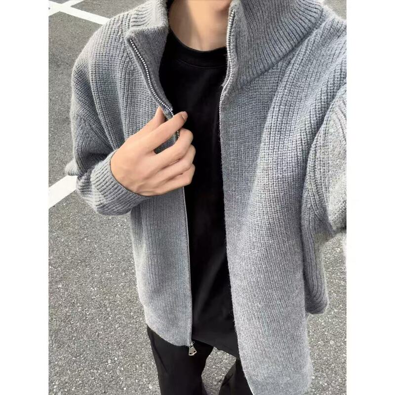 Dark Gray Half-Turtleneck Cardigan Sweater for Men, Suitable for Layering in Spring and Autumn, Base Layer Knitwear, Cleanfit Knitwear