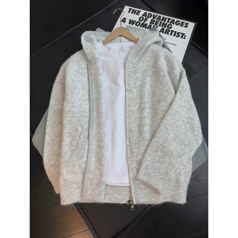 Light Gray American-Style Knitted Cardigan Jacket for Men, High-End Autumn and Spring Style Hooded Sweater, Lazy Style Heavyweight Sweatshirt