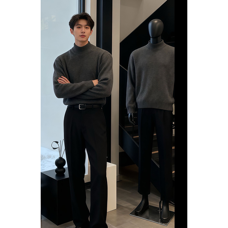 Dark Gray Half-Turtleneck Sweater for Men, Autumn and Winter Korean Style, High-End Thick Knit Top, Casual Base Layer