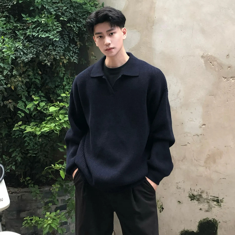 Black Polo Collar Sweater for Men, Autumn High-End Style, Inner Layer Knitwear, Casual Style, Turn-Down Collar Knit Jacket