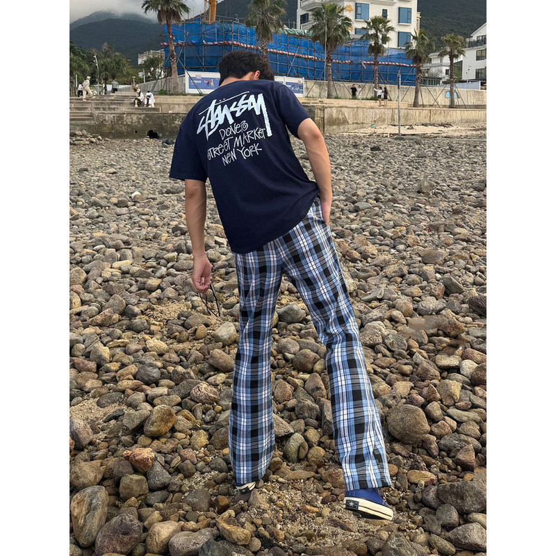 Cleanfit Blue Plaid Pants for Men, Summer Thin Style, Ootd, Men's Checkered Pants, Slim Fit, Slightly Flared Pants