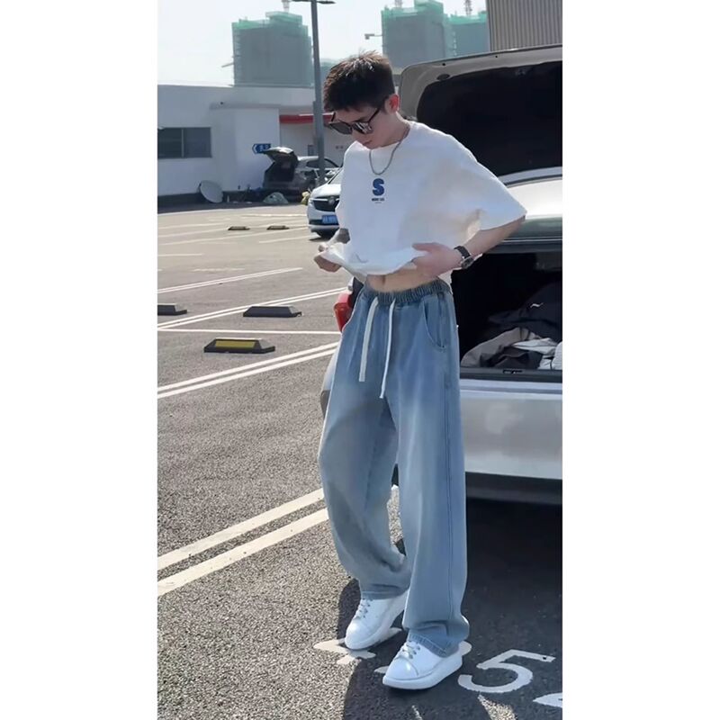 Light Blue Ice Silk Jeans for Men, Summer Thin Style, Youth Elastic Waist, Straight-Leg, Drapey, Breathable Wide-Leg Pants