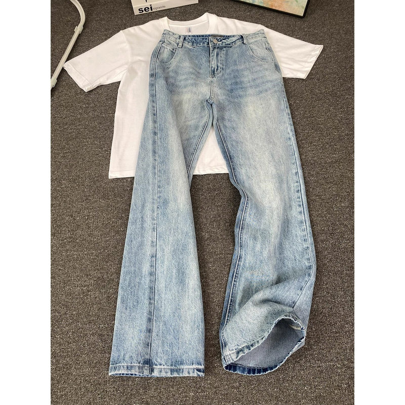 Light Blue Washed Denim Jeans for Men, Summer American Retro Flared Pants, Cleanfit Thin Straight-Leg Pants