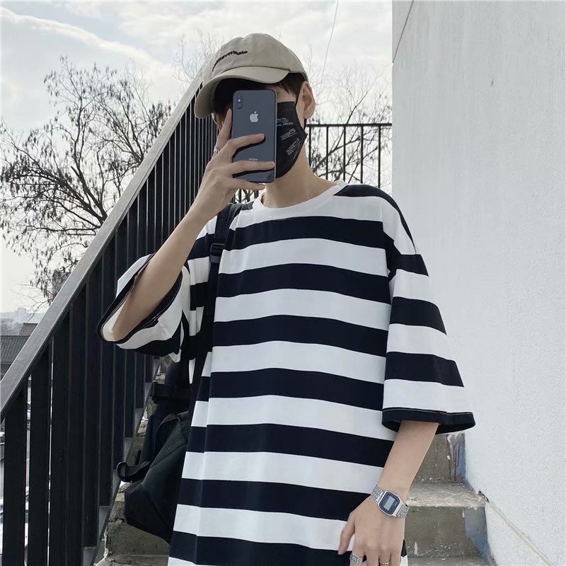 Hong Kong style striped loose short-sleeved youth Korean trend men's T-shirt wild round neck casual five-point sleeves ins tide