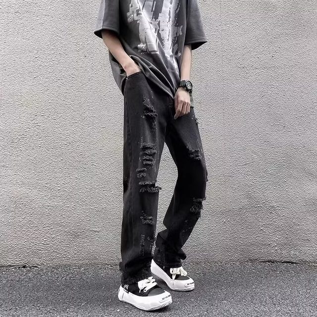 Ripped raw edge jeans men's summer thin in high street slim straight pants trendy brand trendy high waist casual pants