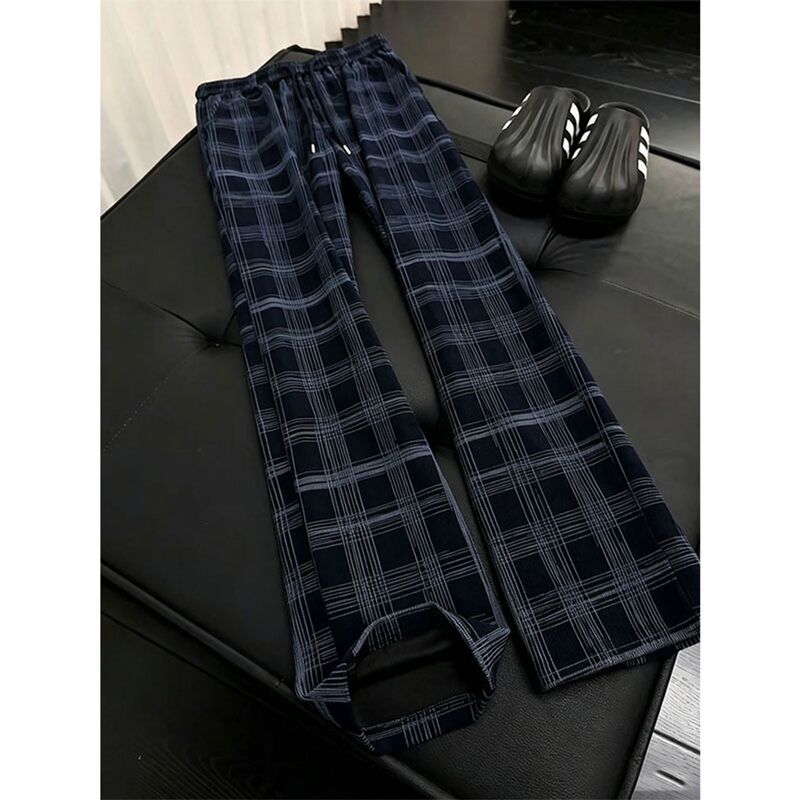 Navy Blue Plaid Ice Silk Pants for Men, Summer Thin Casual Sports Straight-Leg Pants, American High Street Flared Plaid Pants