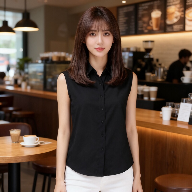 2025 Summer and Autumn Women's Pointed Collar Sleeveless Shirt Versatile Slim Fit Chiffon Solid Color Lapel Professional Base Shirt