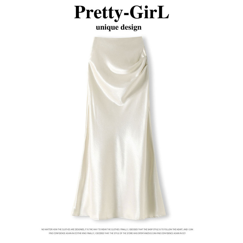 White Acetate Skirt for Women, Summer Bias-Cut High-End Silk Satin Skirt, Pleated Long Skirt, Hip-Hugging Fishtail Skirt White Acetate Skirt for Women, Summer Bias-Cut High-End Silk Satin Skirt, Pleated Long Skirt, Hip-Hugging Fishtail Skirt