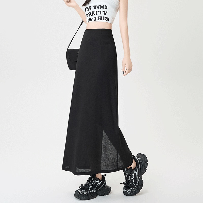 La Chapelle Black Suit Skirt Long Style Women's Summer Straight Pencil Skirt with Slit Ice Silk Cotton Linen Long Skirt
