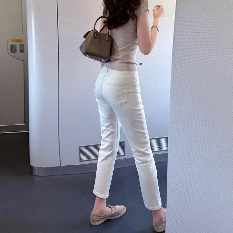 La Chapelle White Cropped Cigarette Jeans for Women 2026 Spring/Summer New High-Waisted Slim-Fit Petite Baguette Pants
