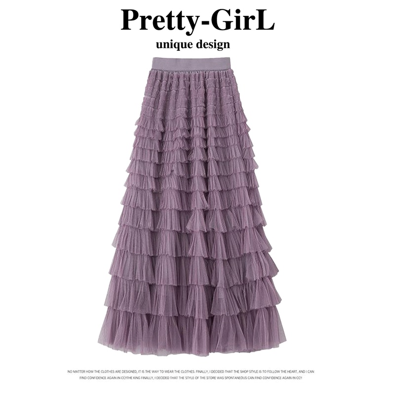 La Chapelle Purple Mesh Cake Skirt Long Style for Women Spring and Summer Petite Gauze Skirt French Style Puffy Skirt