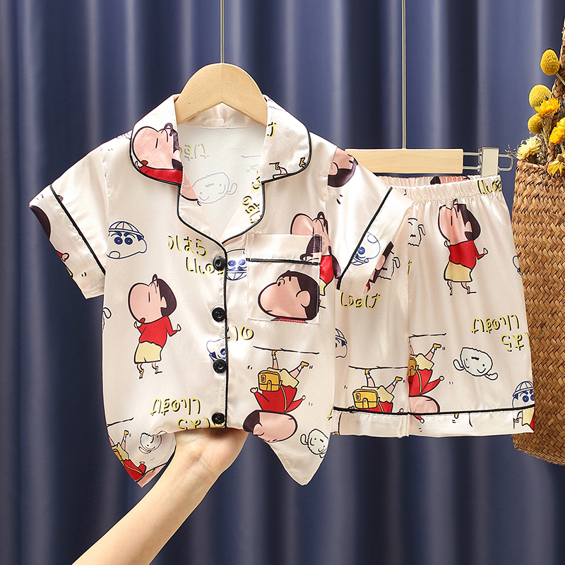 Boys' Short-Sleeve Pajamas Ice Silk Summer Set 2026 New Crayon Shin-Chan Thin Home Wear for Older Children Air-Conditioned Clothing