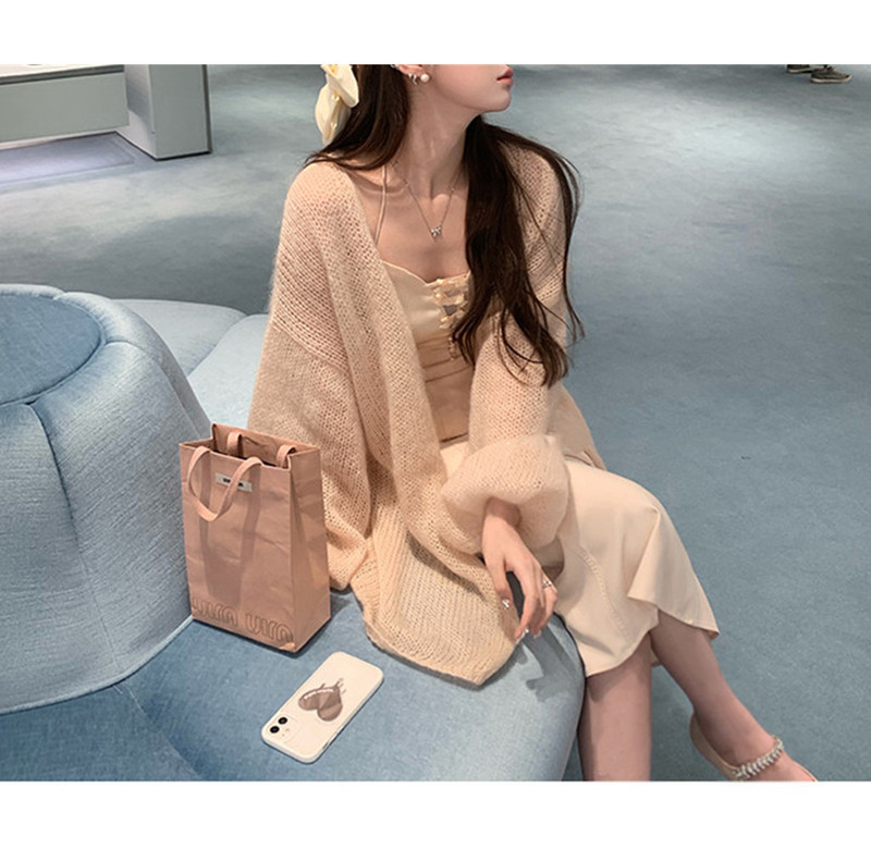 Gentle, Soft, and Lazy-Style Mohair Knit Cardigan for Women, Early Autumn Outerwear, V-Neck Loose Fairy Top