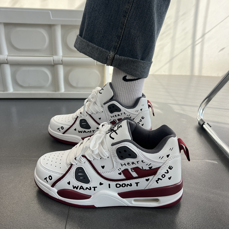 Chic Hong Kong Style White and Red Graffiti Air-Cushion Sneakers for Female Students, Versatile ins Trendy Brand Couple Basketball Running Shoes