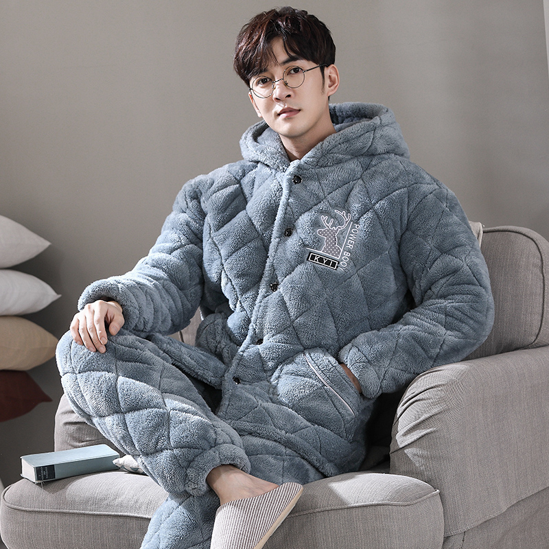 Pajamas for men's autumn and winter plus thick layers of laminated cotton padded jacket ultra-thick and warm suit winter big code cardio-hoodie-Taobao