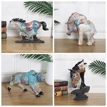 Creative oil painting animal ornaments home porch Nordic resin creative wine cabinet living room elephant decoration gift
