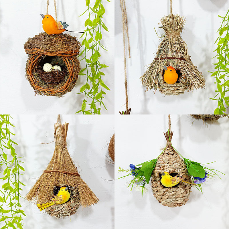 Straw woven bird nest outdoor garden bird nest grass nest wall decoration bird house kindergarten ring creative layout hanging hanging nest