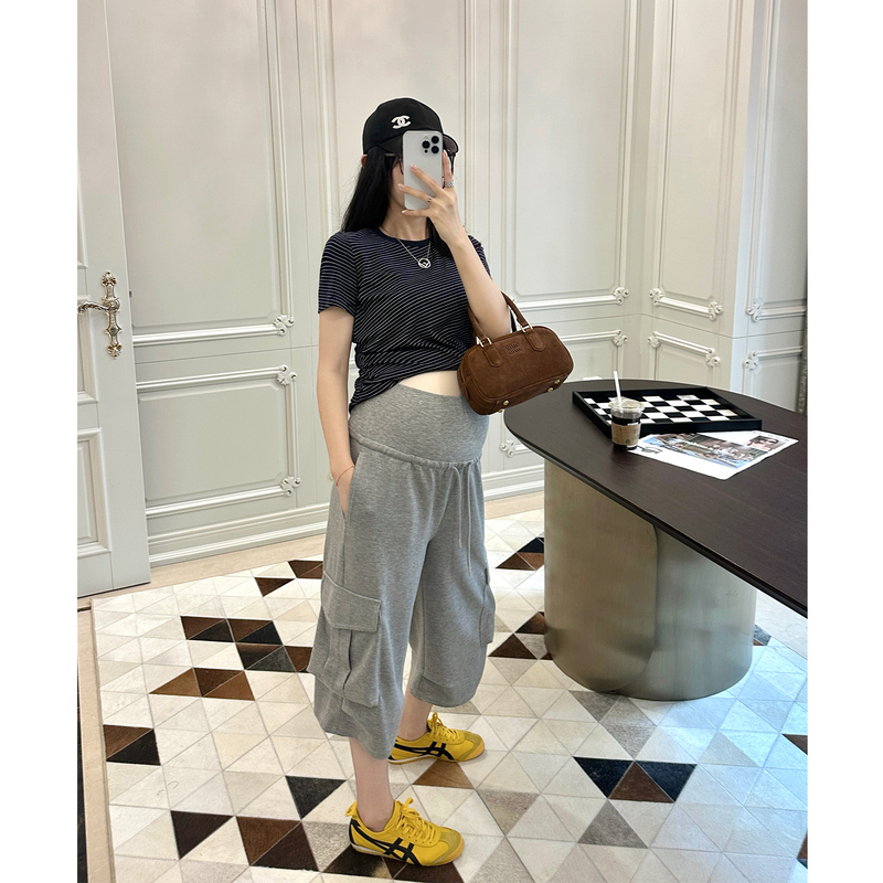 Leomami Maternity Pants Summer Wide-Leg Cropped Belly-Support Cargo Pants for Outerwear Loose Slimming Large Pocket Casual Sweatpants