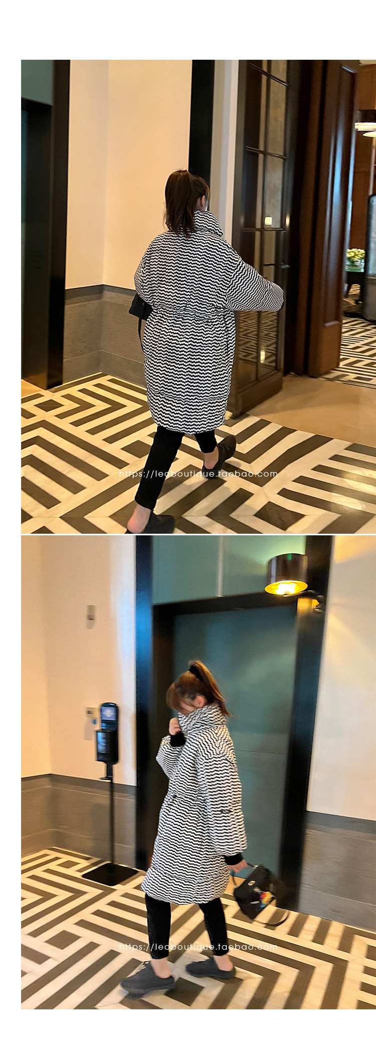 товар из китая leomami高端孕妇装冬季外套抽象黑白点中长款加厚保暖宽松羽绒服