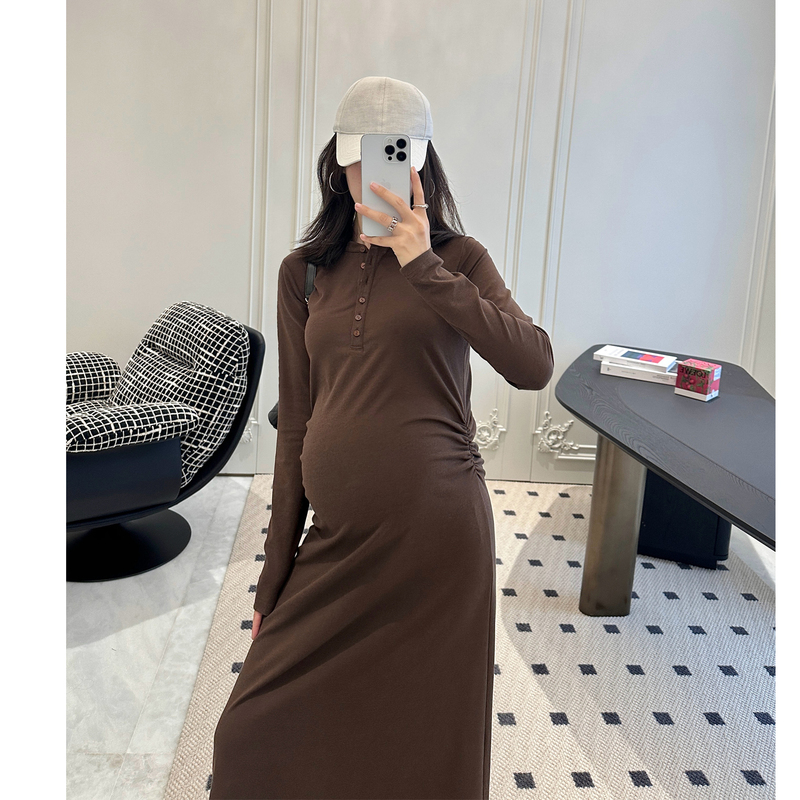 Leomami Maternity Wear Autum Retro Henry Collar Long-Sleeved Dress Loose Pleated Elegant Base Pregnancy Dress